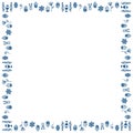 Doodles square frame for Easter. Isolated eggs, rabbits and abstract flowers in a classic blue color. Place for text.