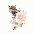 Graceful leopard and Dahlia lilies flowers and herbs composition. Savana cat.