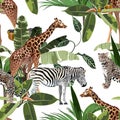 Wild animals giraffe, cheetah, zebra in savannah. Watercolor style Jungle Zoo seamless pattern.