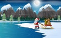 Cartoon santa claus pulling reindeer on a sleigh with sack of gifts Royalty Free Stock Photo