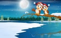 Owls couple wearing a christmas hats in winter landscape Royalty Free Stock Photo