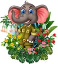 Funny Grey Elephant With Tropical Plant Flower Cartoon