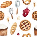 Bakery texture with bread,cake,pie,wheat,cooking tools,glove