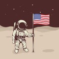 Astronaut with flag stands on the moon Royalty Free Stock Photo