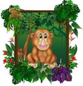 Funny Brown Monkey in Forest With Tropical Plant Cartoon