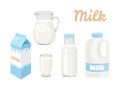 Milk in bottle, jug, glass, carton box and gallon of milk Isolated on white background. Vector illustration of dairy product