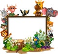 Wildlife Animals Set With White Black Sign Board Cartoon