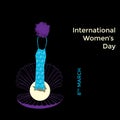 International women`s day vector illustration concept. Black woman on black background comes out of precious pearl on shell