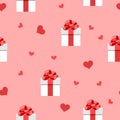 Hearts and white gift boxes with red bows on a pink background seamless pattern. Festive decoration for Valentine`s Day. Royalty Free Stock Photo