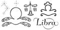 Hand drawn set of doodles for Libra zodiac sign. Isolated black and white clip-art for coloring book and horoscope design. Vintage Royalty Free Stock Photo