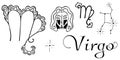 Hand-drawn set of astrological doodles for the zodiac sign Virgo. Isolated black and white objects for coloring book. Woman`s head