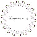 A round frame with Capricornus inscription in the center of hand-drawn isolated zodiac sign symbols on a white background. For ast