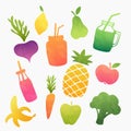 Raw fruits and vegetable smoothies and fresh juices. Healthy vegan food design set. Colorful vector shapes.