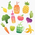 Raw fruits and vegetable smoothies and fresh juices. Healthy vegan food design set. Colorful vector shapes.