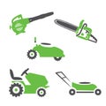 Garden machines vector illustrations. Chainsaw illustration. Lawn moew