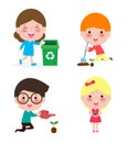 Cute kids volunteer. Children collect rubbish for recycling. A child plants trees. isolated on white background Illustrator Vector Royalty Free Stock Photo