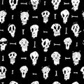 Black and white pattern with funny Emoji skulls and bones. Illustration suitable for registration of wrapping paper, fabrics, wall Royalty Free Stock Photo