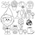 Gardening illustration collection with garden gnome. Gardening equipment in springtime. Vector black and white coloring page