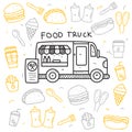 Food truck doodle vector illustration in cute hand drawn style Royalty Free Stock Photo