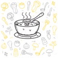 Soup and it`s ingredients doodle vector illustration in cute hand drawn style