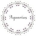 A round frame of emblems with an inscription in the center symbolizing the zodiac sign Aquarius, drawn by hand on a white backgrou