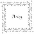 A square isolated black and white zodiac frame with the inscription Aries in the center. Isolated hand drawing of doodles. Black o