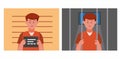 Criminal man in identity room and inside to cell prison, man in jail scene set cartoon flat illustration vector Royalty Free Stock Photo