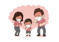 Air pollution concept sick family coughing and wearing protective face mask against smoke on background