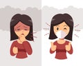 Air pollution concept woman coughing and wearing protective face mask against smoke on background