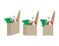PrintSet of Grocery Bags with Bread, Tomatoes, Greens and Bottle on White Background