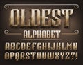 Oldest alphabet font. 3D metal ancient letters.