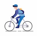 Newspaper boy or courier bike, man ride bicycle with package to costumer cartoon flat illustration vector isolated in white backgr