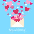 Love. Saint Valentines Day. Open flat envelope with pink hearts.