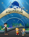 Cartoon children walk to underwater museum