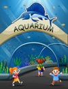 Cartoon children walk to underwater museum Royalty Free Stock Photo