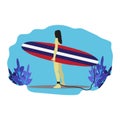 Summer time woman holding surfboard vector illustration, flat design. Royalty Free Stock Photo