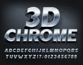 3D Chrome alphabet font. Metallic letters and numbers with shadow.