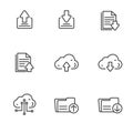 Set of upload and download icons in thin black line design