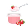 Strawberry yogurt in a plastic container and a metal spoon and red ripe berries isolated on a white