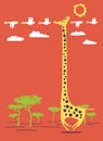 Cute funny Giraffe running with birds print graphic artwork for kids and children and toddlers