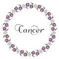 Round zodiacal emblem with the inscription in Cancer center, symbolizing the zodiac sign drawn by hand on a white background. Blac Royalty Free Stock Photo