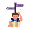 Man looking map confusing choose way with road sign, cartoon illustration for traveller and backpacker editable vector