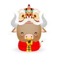 Happy Chinese new year 2021 year of the ox zodiac, Little ox with Lion Dance Head, Cartoon vector illustration isolated Royalty Free Stock Photo