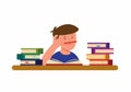 Boy are bored and tired of reading book to learning, student reading and writing with stack of books cartoon flat illustration