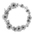 Floral frame. Spring blossom. Vector linear hand drawn illustration. Flowers in circle