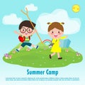 Kids summer camp education Template for advertising brochure, children doing activities on camping , poster flyer template