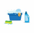 Washing tub filled soap with latex glove, sponge and detergent. for housework and cleaning service symbol in cartoon flat illustra Royalty Free Stock Photo