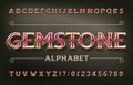 Gemstone alphabet font. 3d golden metal letters and numbers.