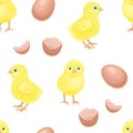 Yellow little chickens, eggs and broken shell seamless pattern. Vector illustration of cute chicks