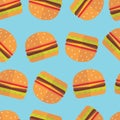 Burger vector flat style repeatable pattern isolated on blue background Royalty Free Stock Photo